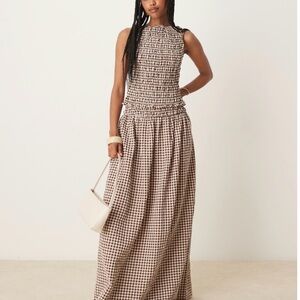 ASOS DESIGN shirred sleeveless tank in brown gingham and skirt